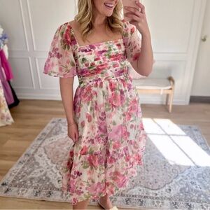 Abercrombie & Fitch Emerson Angel Puff Sleeve Pink Floral Midi Strawberry Dress